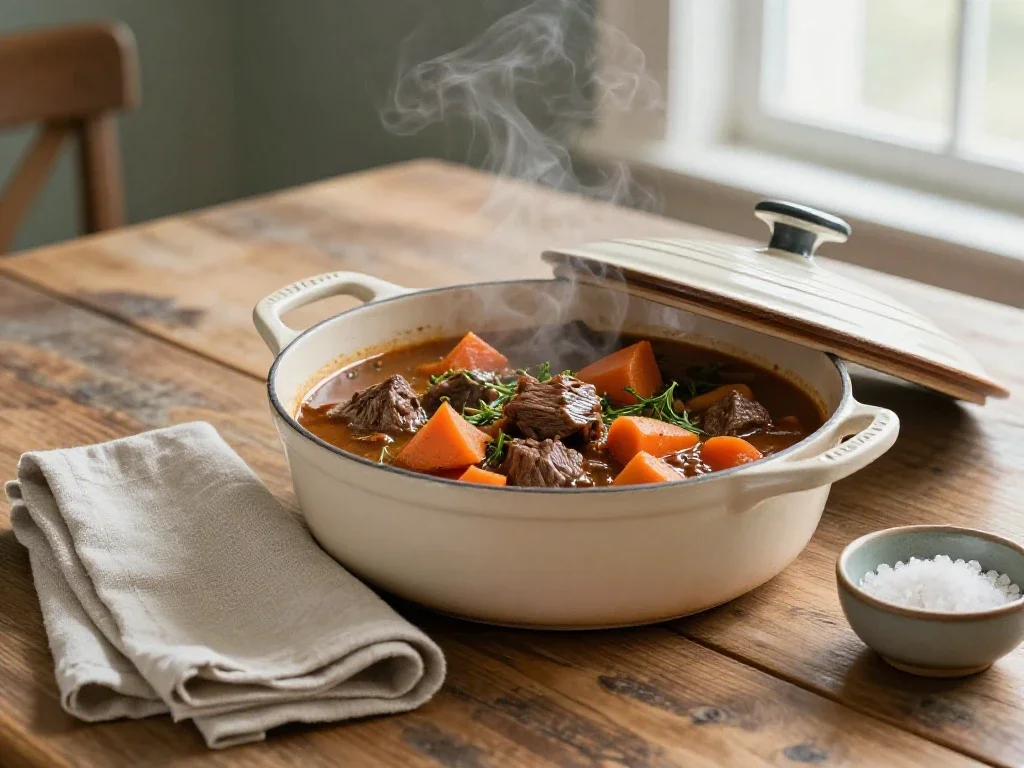 Plat mijoté fumant en cocotte, illustrant l'art de la table et de la cuisine.