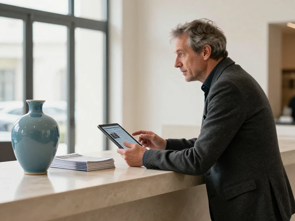 Un professionnel français présente les dernières actualités sur une tablette dans un hall lumineux.
