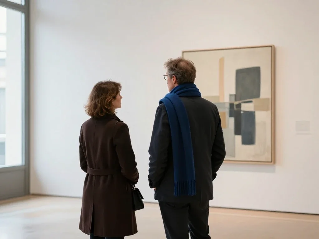 Un couple observe une œuvre d'art, illustrant la découverte culturelle et la curiosité intellectuelle.